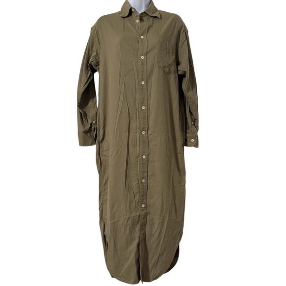 Buck Mason Midi Twill Shirt Dress in Olive Green Sz XS Long Sleeve Relaxed Fit - Picture 1 of 15